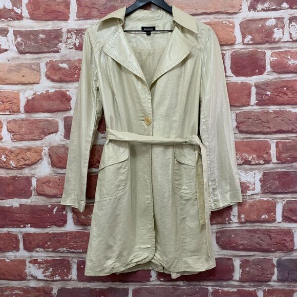 Bebe Jacket Women's Large Cream Shimmery Linen Blend Lightweight Long Blazer - Picture 1 of 9
